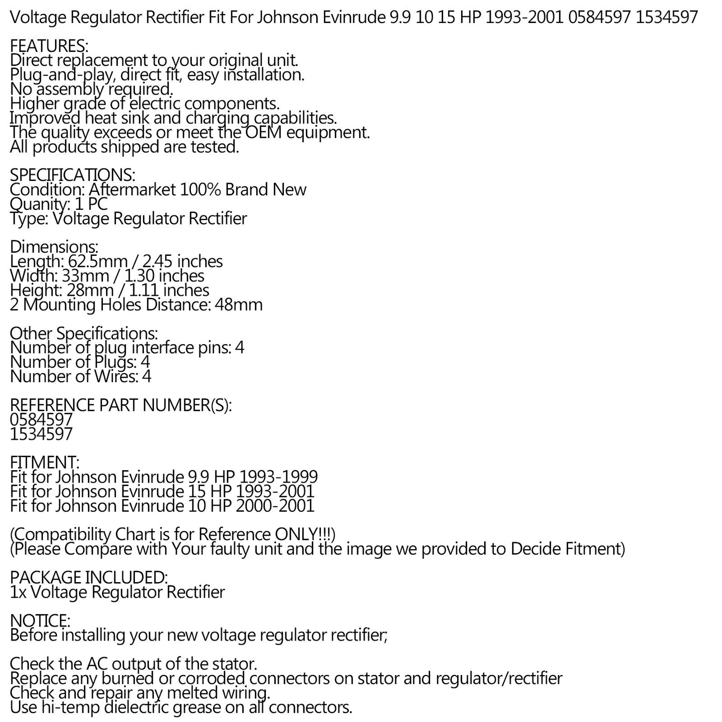 Regulator Rectifier 4 Wire Fit for Johnson / Evinrude 9.9Hp 15Hp 0584597 1534597