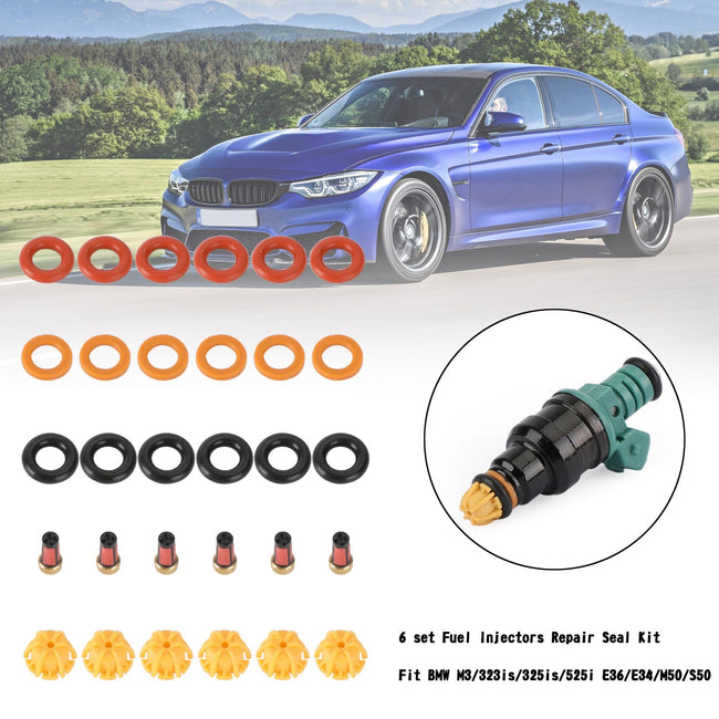6 set Fuel Injectors Repair Seal Kit Fit BMW M3/323is/325is/525i E36/E34/M50/S50
