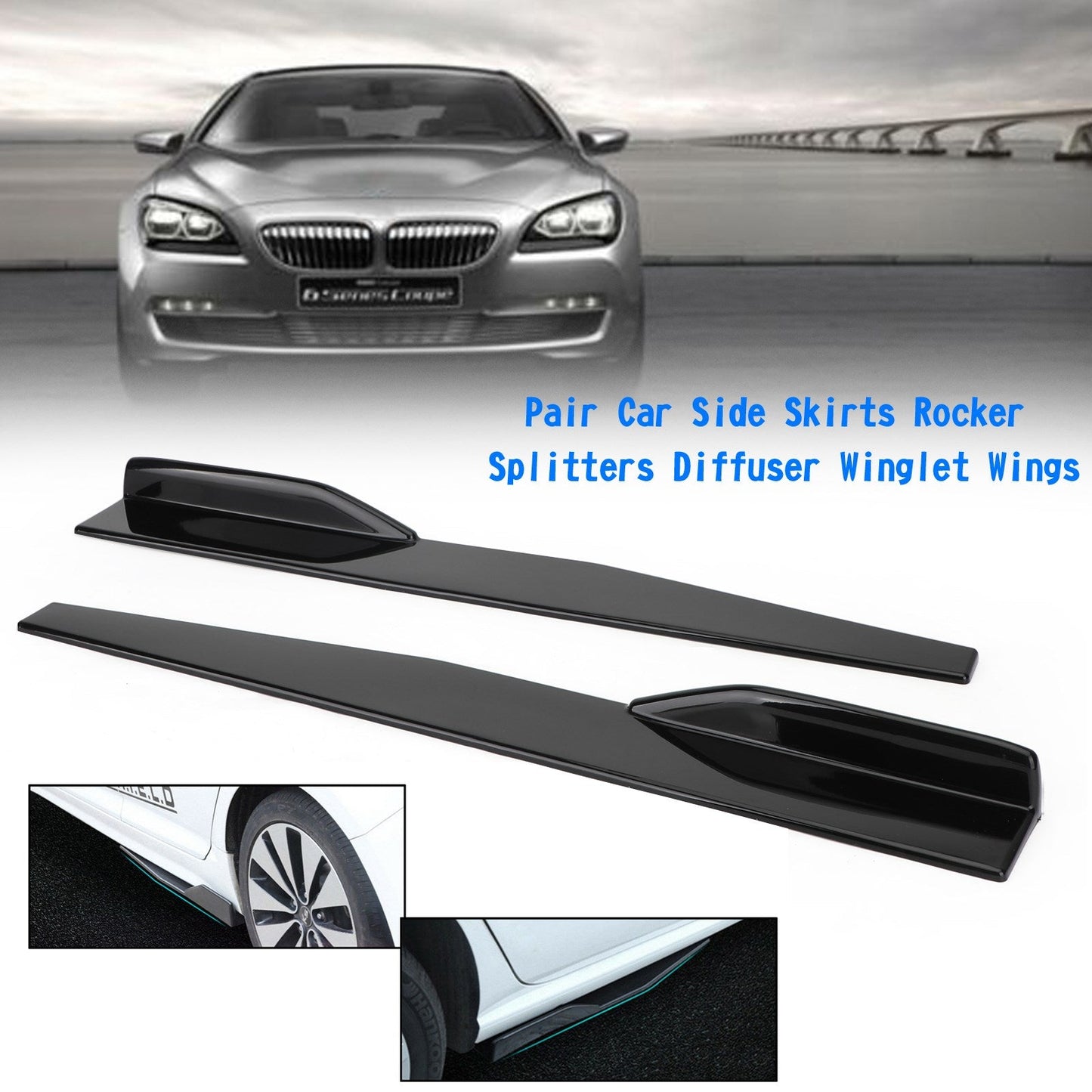 Pair 86cm Car Gloss Black Side Skirts Rocker Splitters Diffuser Winglet Wings