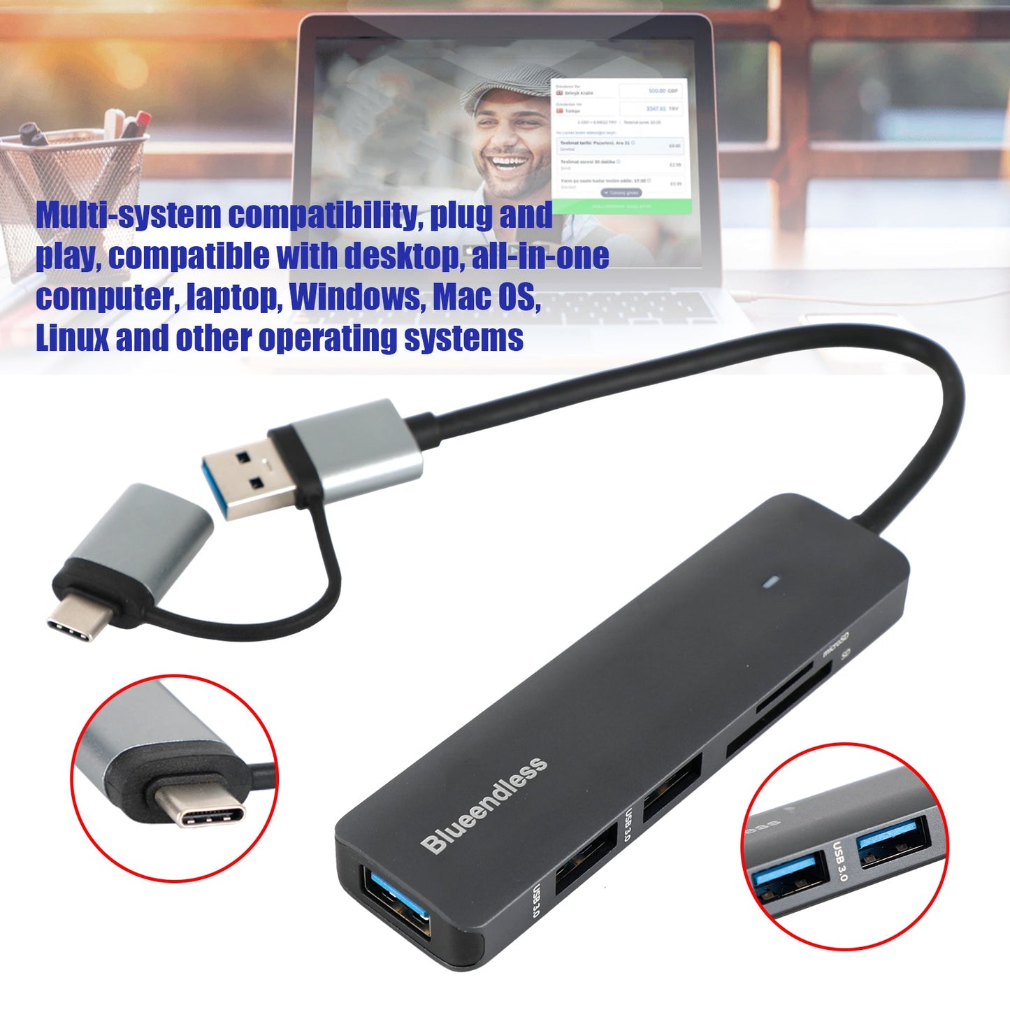 USB 3.0 4 in 1 USB C Hub Data Transmission for Macbook iPad Pro USB C Splitter