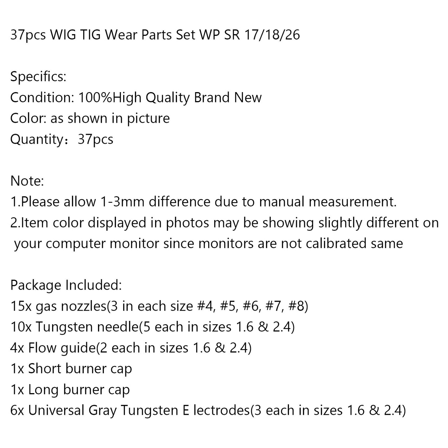 37pcs TIG Welding Torch 17/18/26 Wear Parts Set