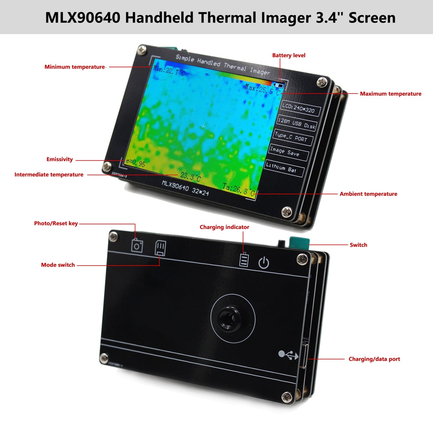 MLX90640 Digital Thermal Imager 2.8" Infrared Temperature Sensors Detection Tool