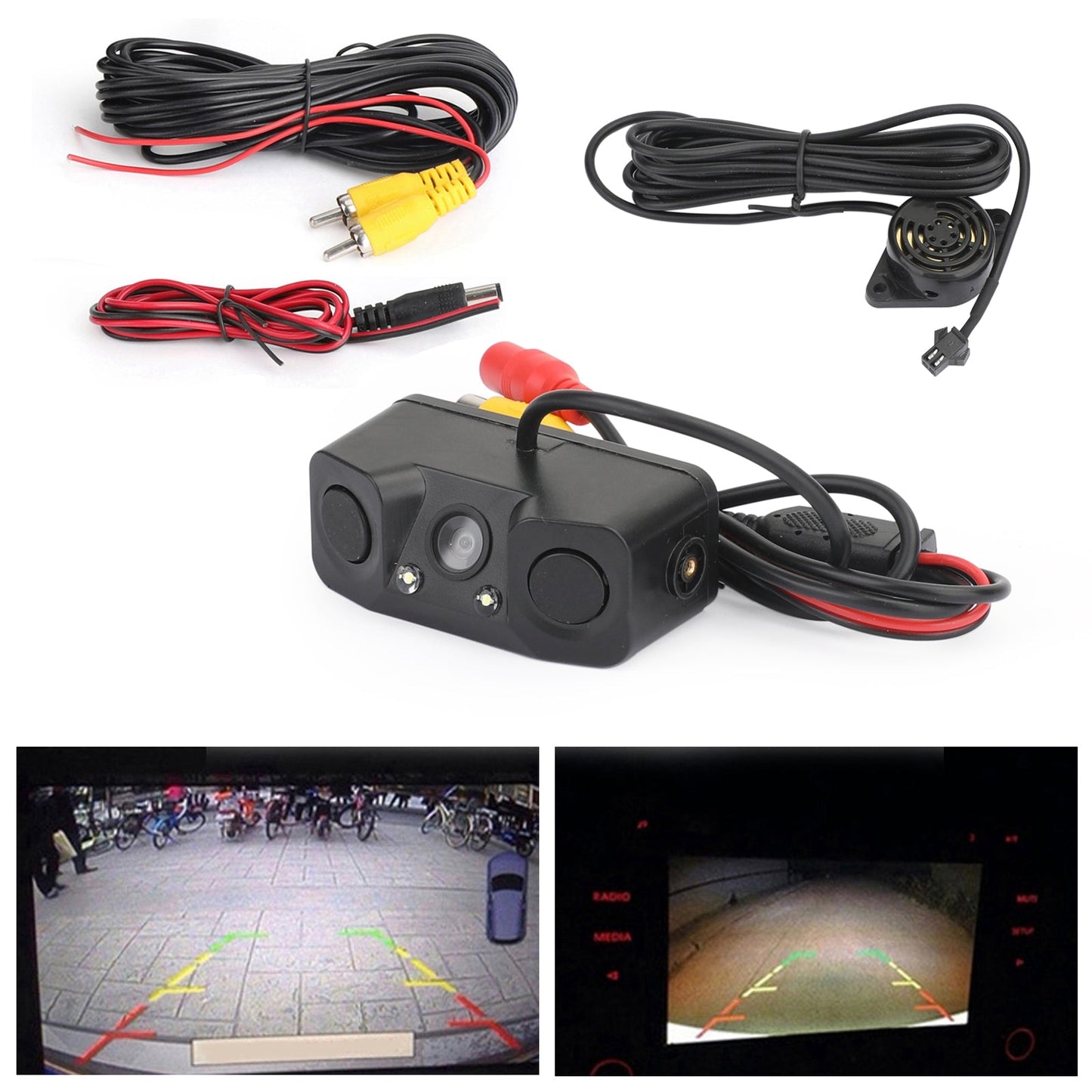 3in1 170° Car Reverse Rear View Camera with Backup Radar Parking Sensor