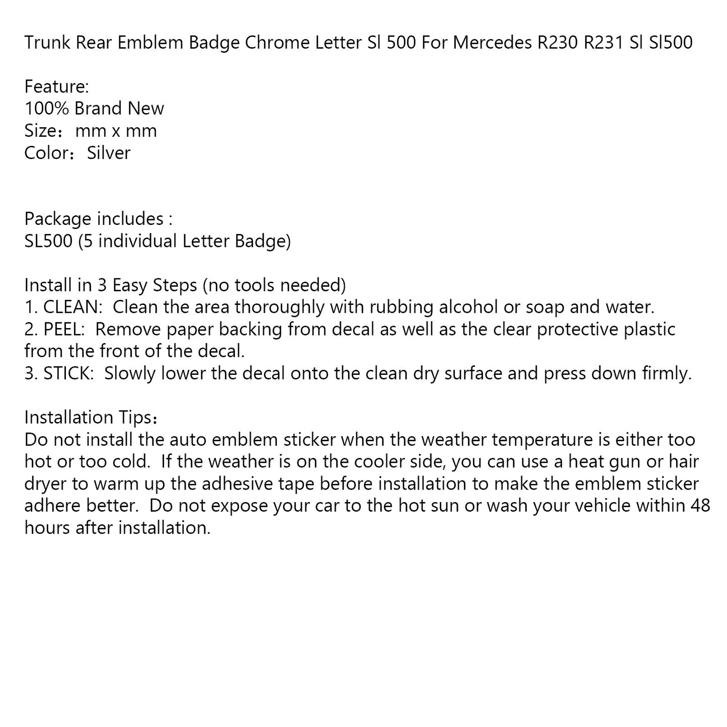 Trunk Rear Emblem Badge Chrome Letter Sl 500 For Mercedes R230 R231 Sl Sl500