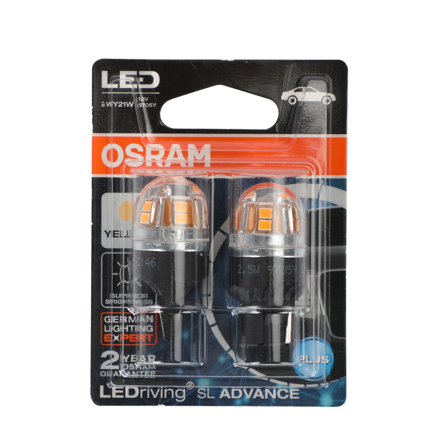 2x For OSRAM 9705Y Car Auxiliary Bulbs LED WY21W 12V2.5W WX3x16d