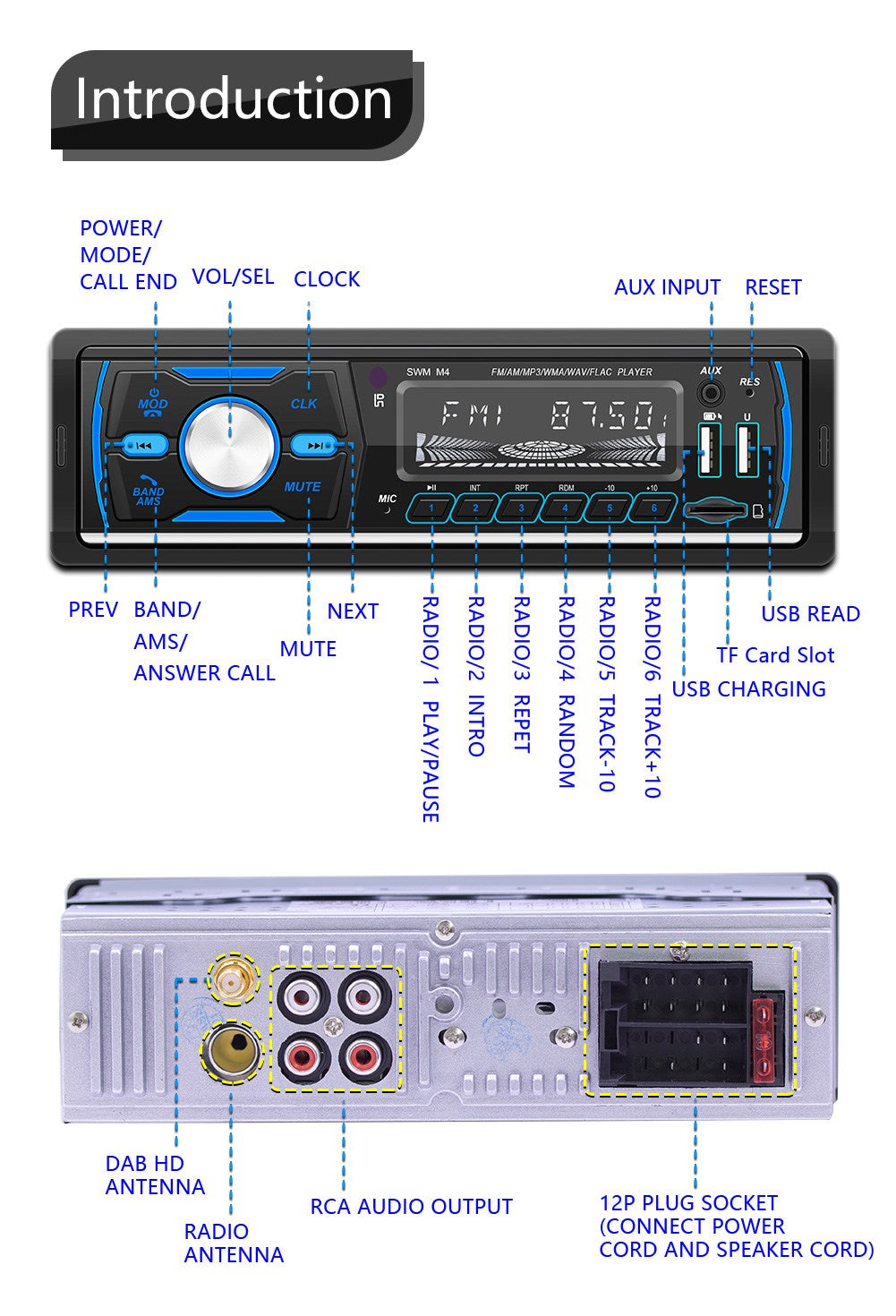 M4 Bluetooth Autoradio 1 Din Car Radio Stereo MP3 Player USB AUX FM AM RDS DAB+