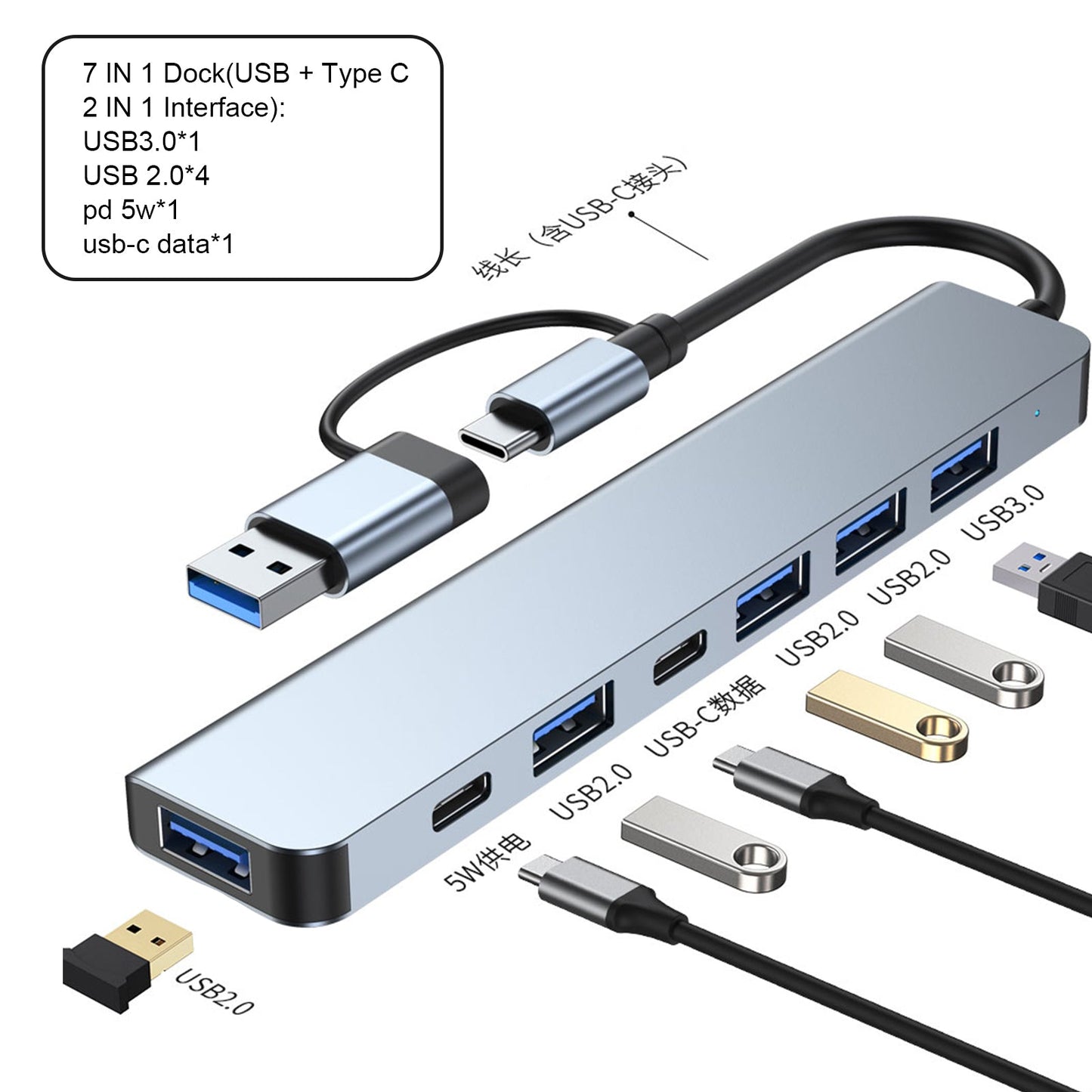 USB + Type C 2 Interface 7 in 1 USBC Hub Adapter Dock usb3.0+USB 2.0*2+SD+TF