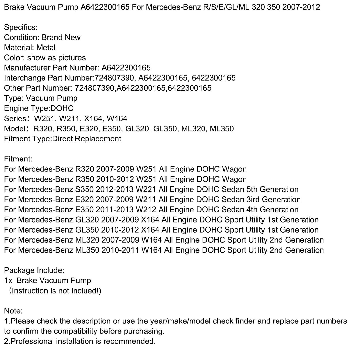2007-2009 Mercedes-Benz R320 GL320 E320 ML320 W251 X164 W164 W211 Brake Vacuum Pump A6422300165