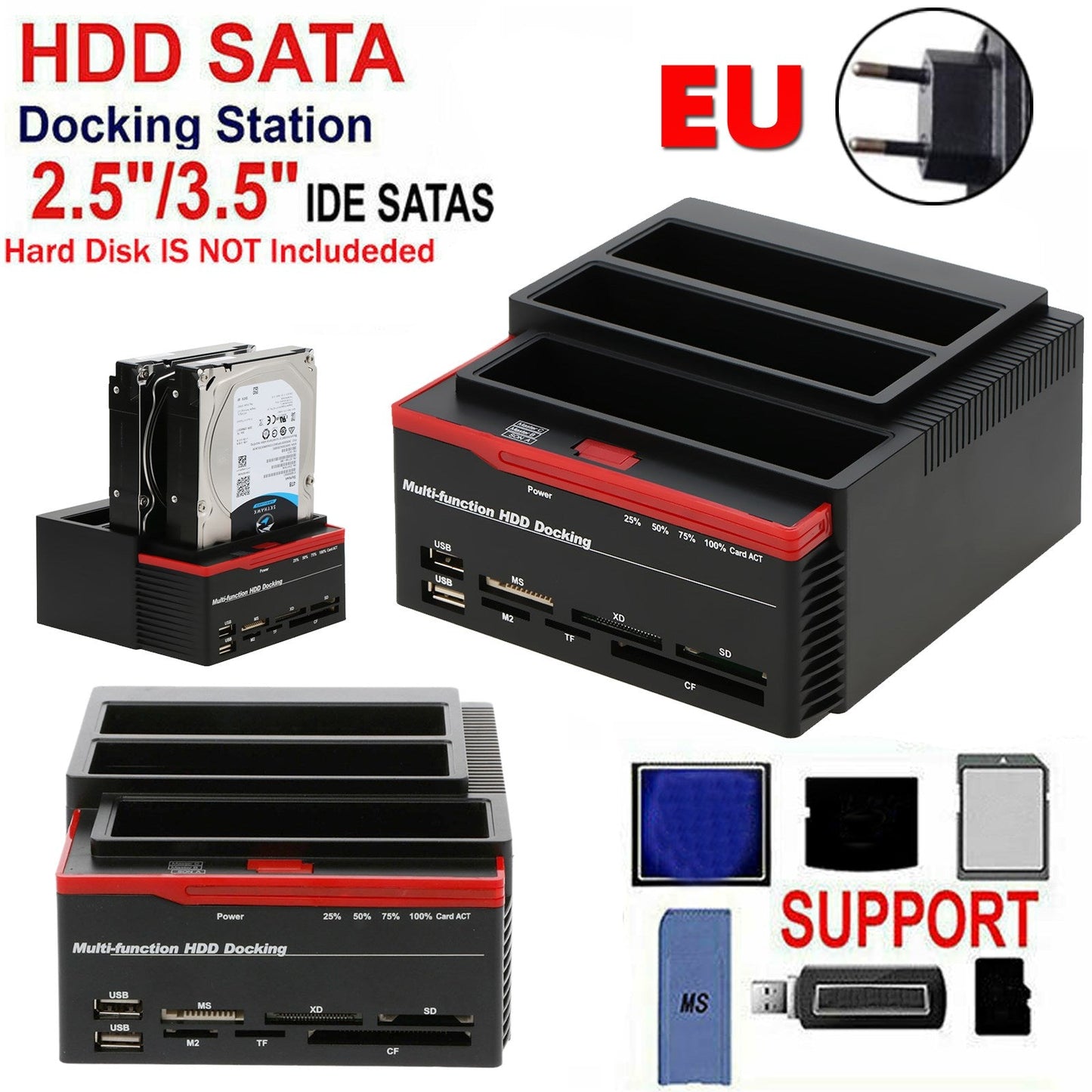 3 IDE SATA 2.5" 3.5" HDD Hard Drive Disk Clone Docking Station Card Reader EU