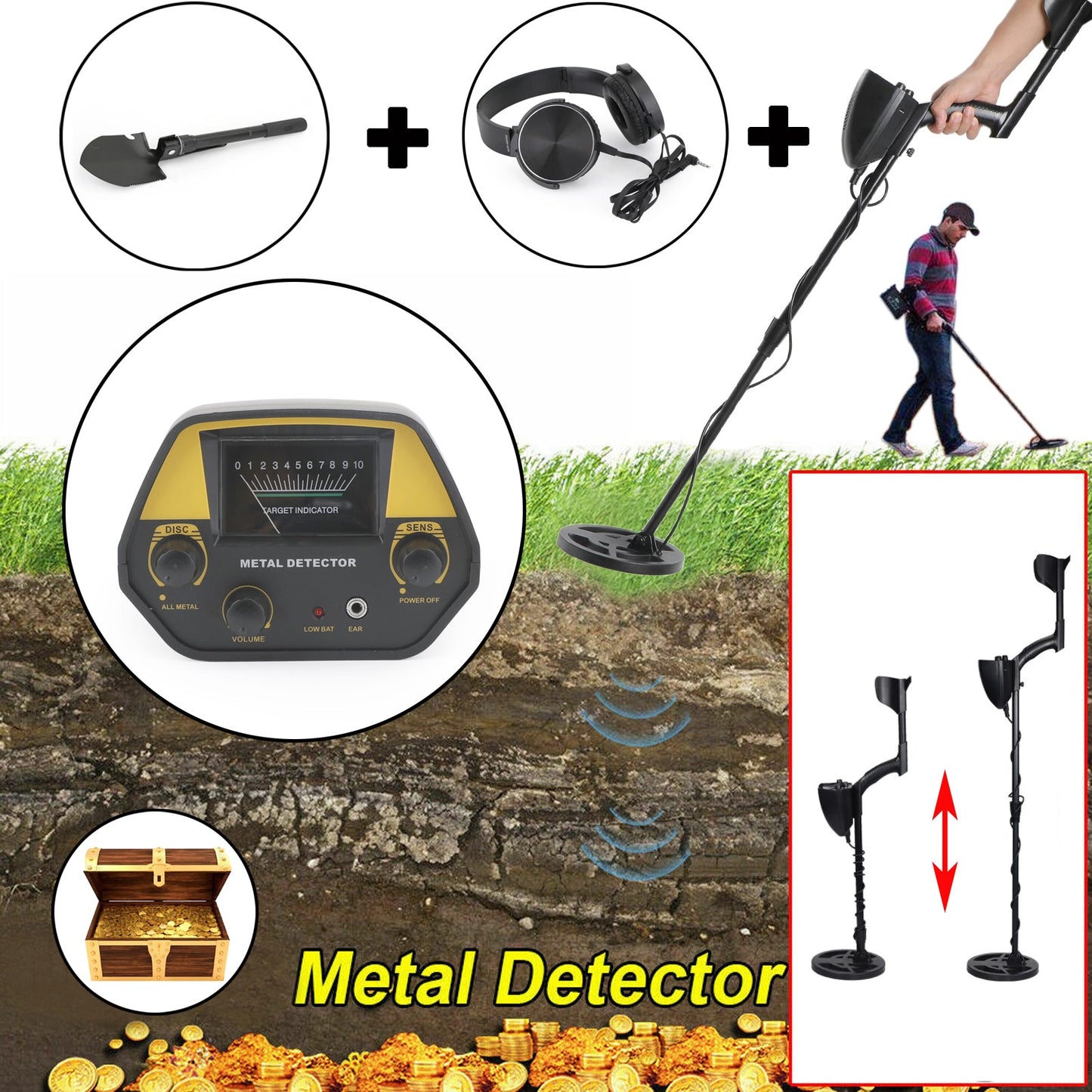 3 in 1 Deep Sensitive Big Coil Metal Detector + Shovel + Headphone