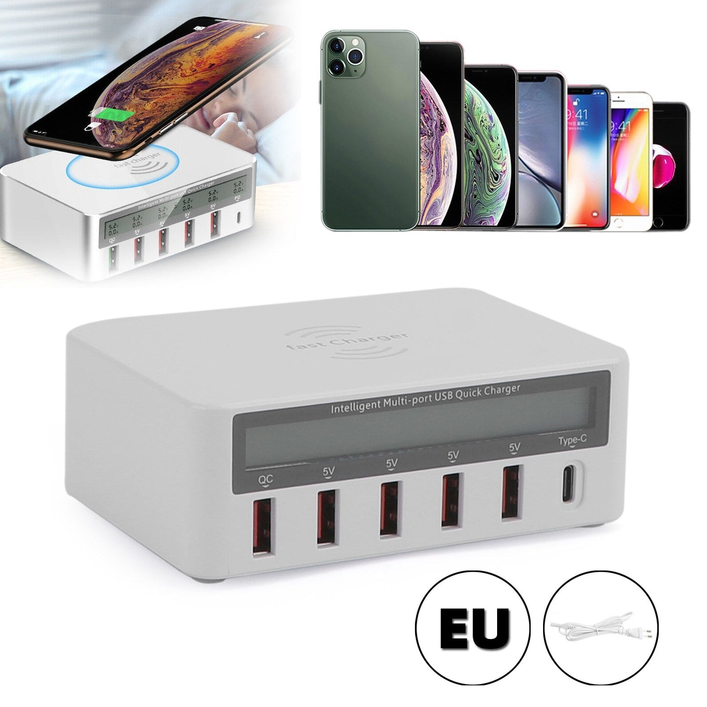 Multiport Quick USB Charger Station With Wireless Charging Pad LCD Display EU