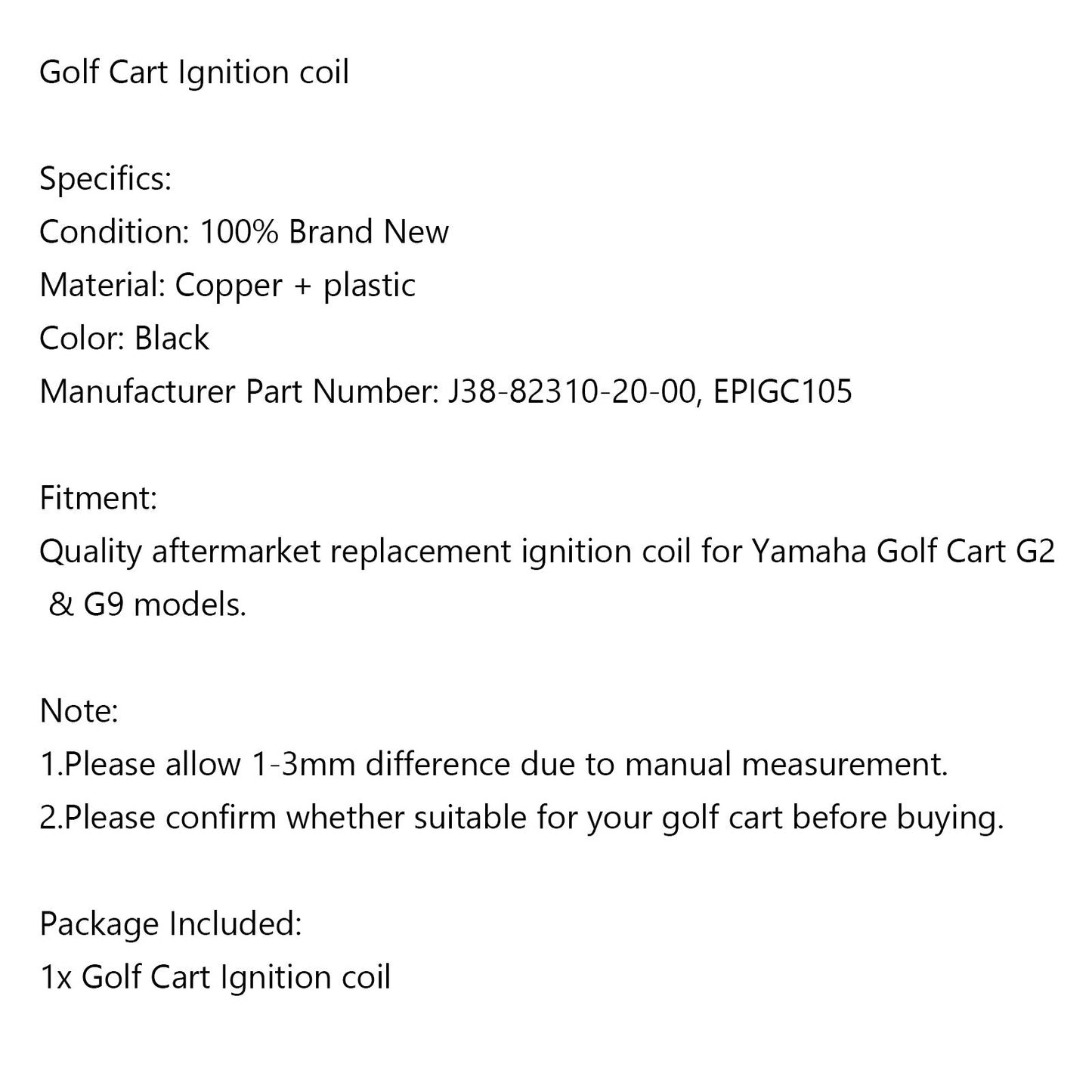 Ignition coil for Yamaha Gas Golf Cart golf Kart G2 G9 G11 Replace J38-82310-20-00