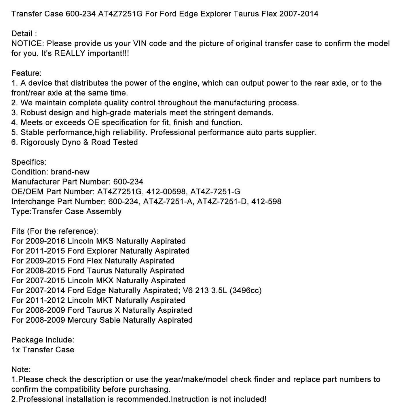 2011-2012 Lincoln MKT Naturally Aspirated Transfer Case 600-234 AT4Z7251G AT4Z7251D