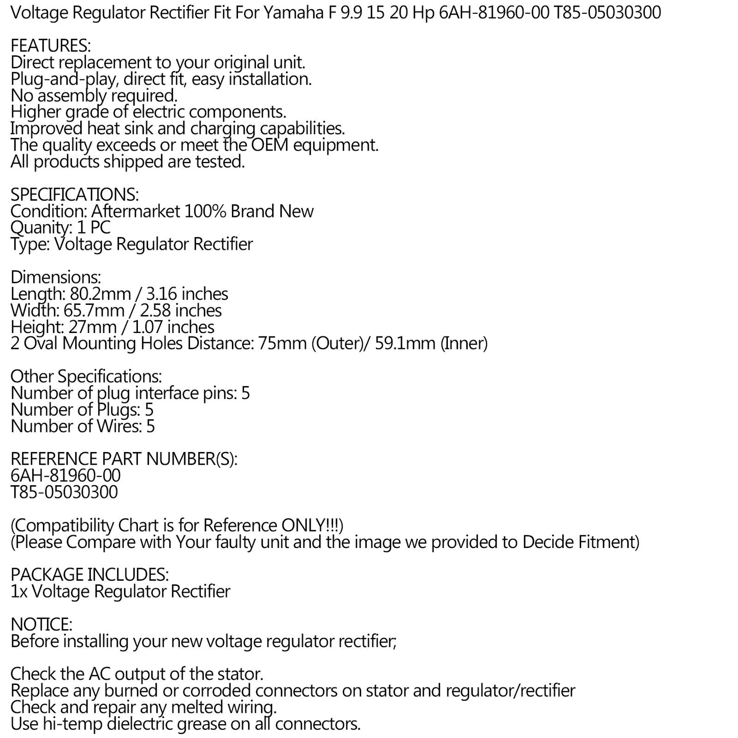Rectifier Regulator Fit for Yamaha 9.9 / 15 / 20 HP 4-STROKE 6AH-81960-00-00