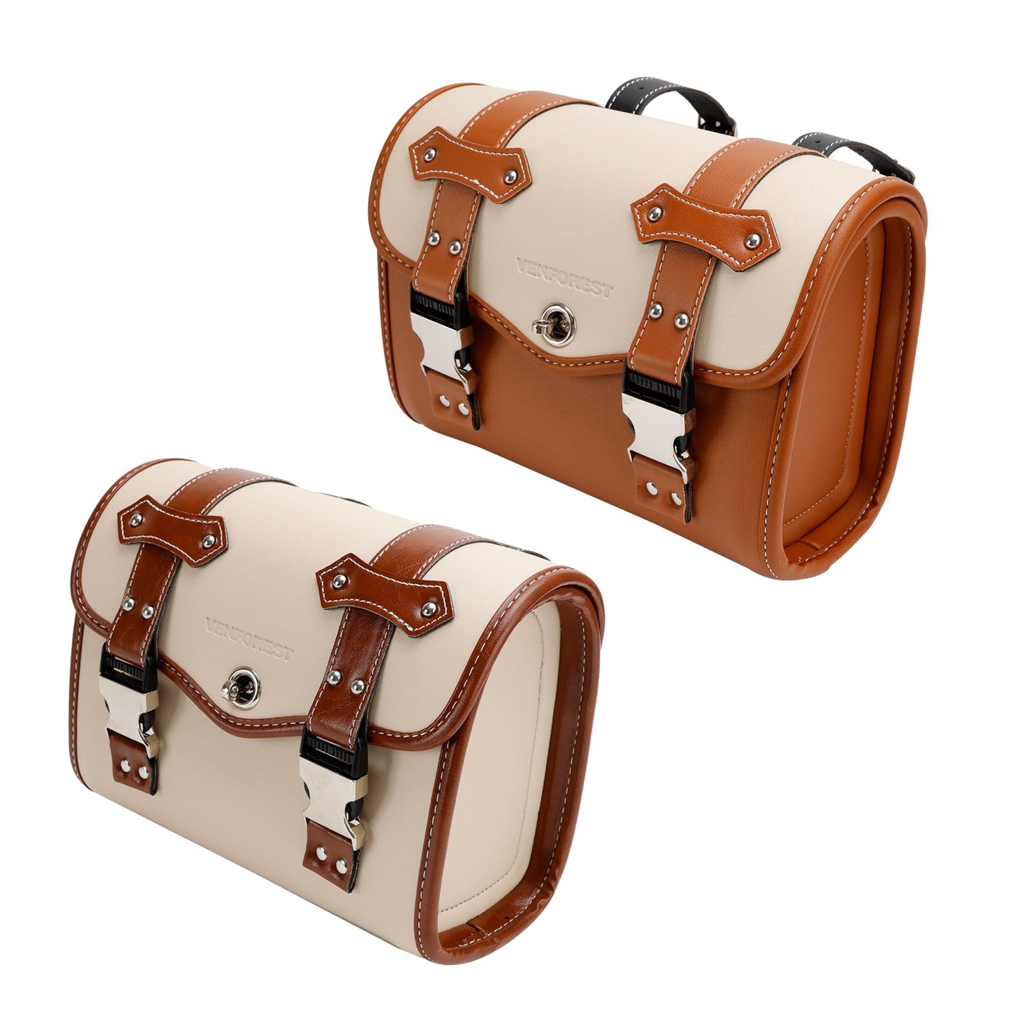 Saddlebag Side Storage Tool Bag Universal Color Matching Pu For Motorcycle Brown-White