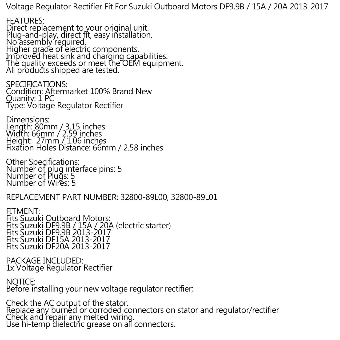 Rectifier Regulator for Suzuki DF9.9B / 15A / 20A 2013-2017 Electric Starter