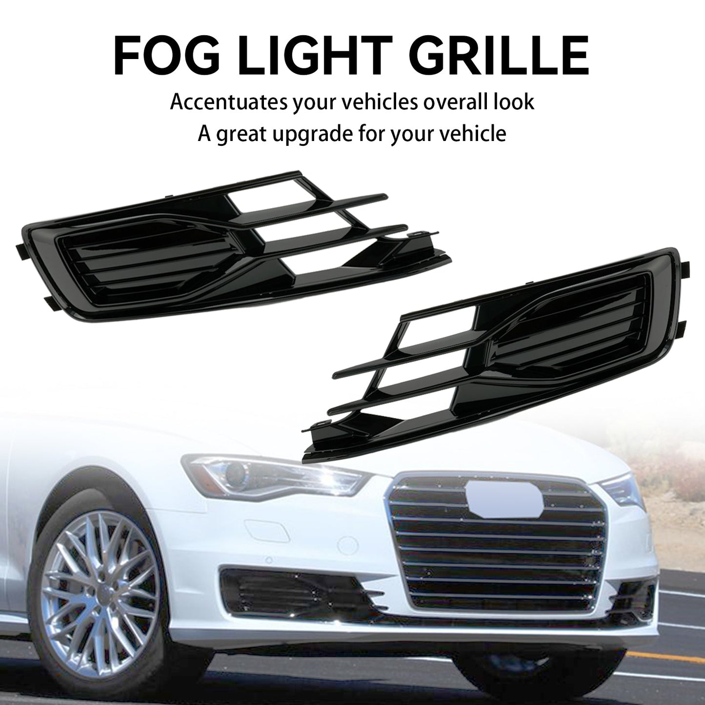 Audi A6 C7 2014-2018 2PCS Front Bumper Foglight Cover Grill Grille Black