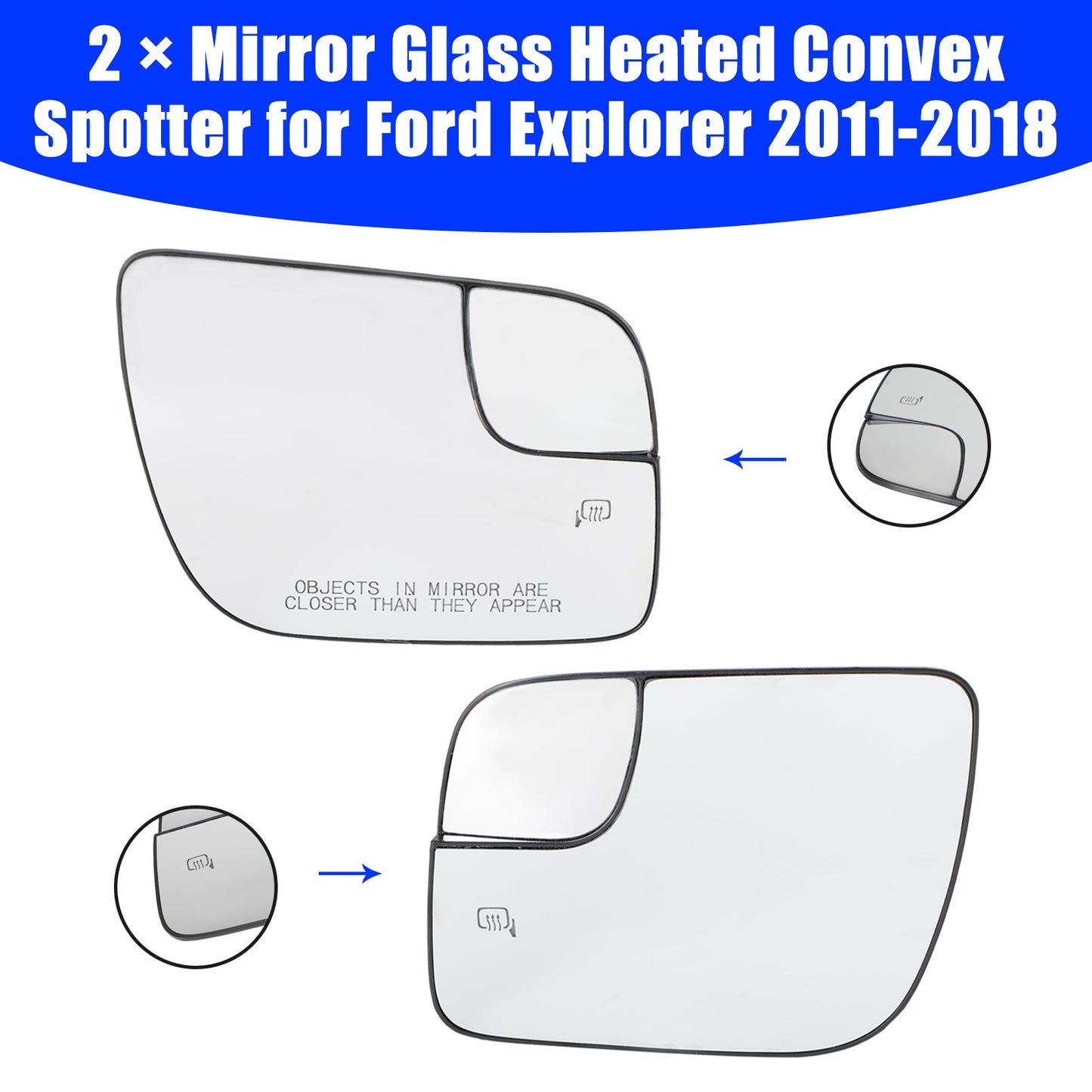 2 × Mirror Glass Heated Convex Spotter for Ford Explorer 2011-2018