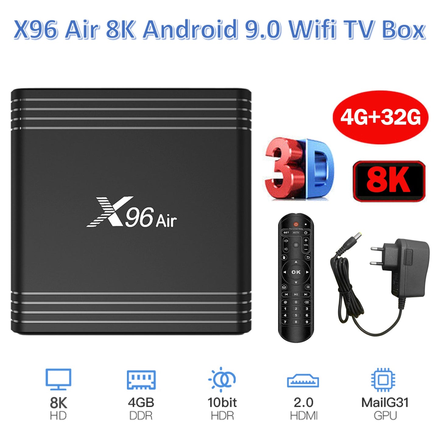 8K Android 9.0 32GB ROM 4GB RAM Wifi Media Player TV BOX Quad Core EU Plug