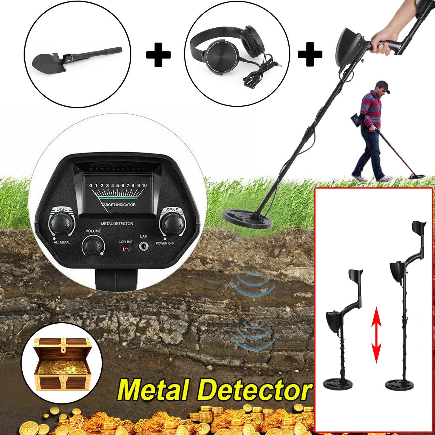 Big Coil Gold Digger Deep Sensitive Metal Detector + Shovel + Headphone Kits