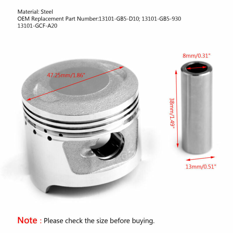 Size CT70 XR70R Piston Kit Honda For 47.25mm C70CWR Bore 1997-12 UK +0.25 CRF70F