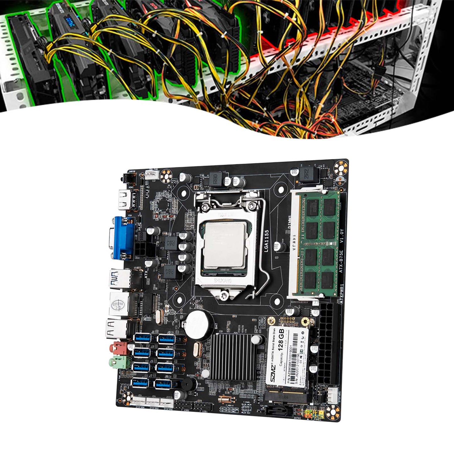 Mining Motherboard CPU DDR3 memory Slot Riserless 8*USB Mining Expert Board