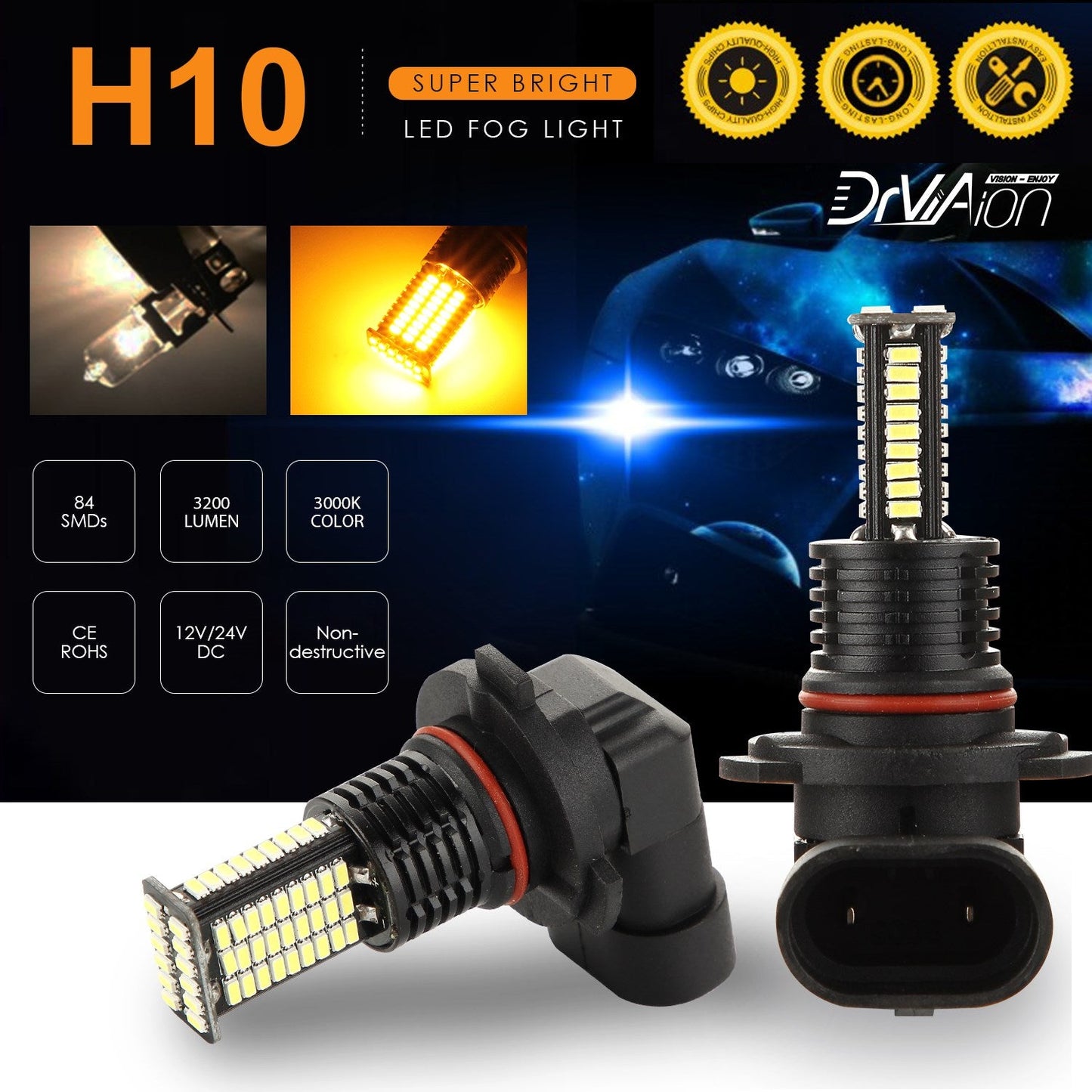 2PCS H8/H9/H11 LED Headlight Driving Light Fog Light Lamp 3000K Yellow Bright