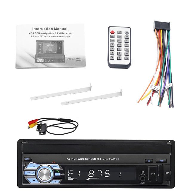 7" 1Din Telescopic Touch Screen Car Radio Audio Stereo MP5 Player + 4 LED Camera