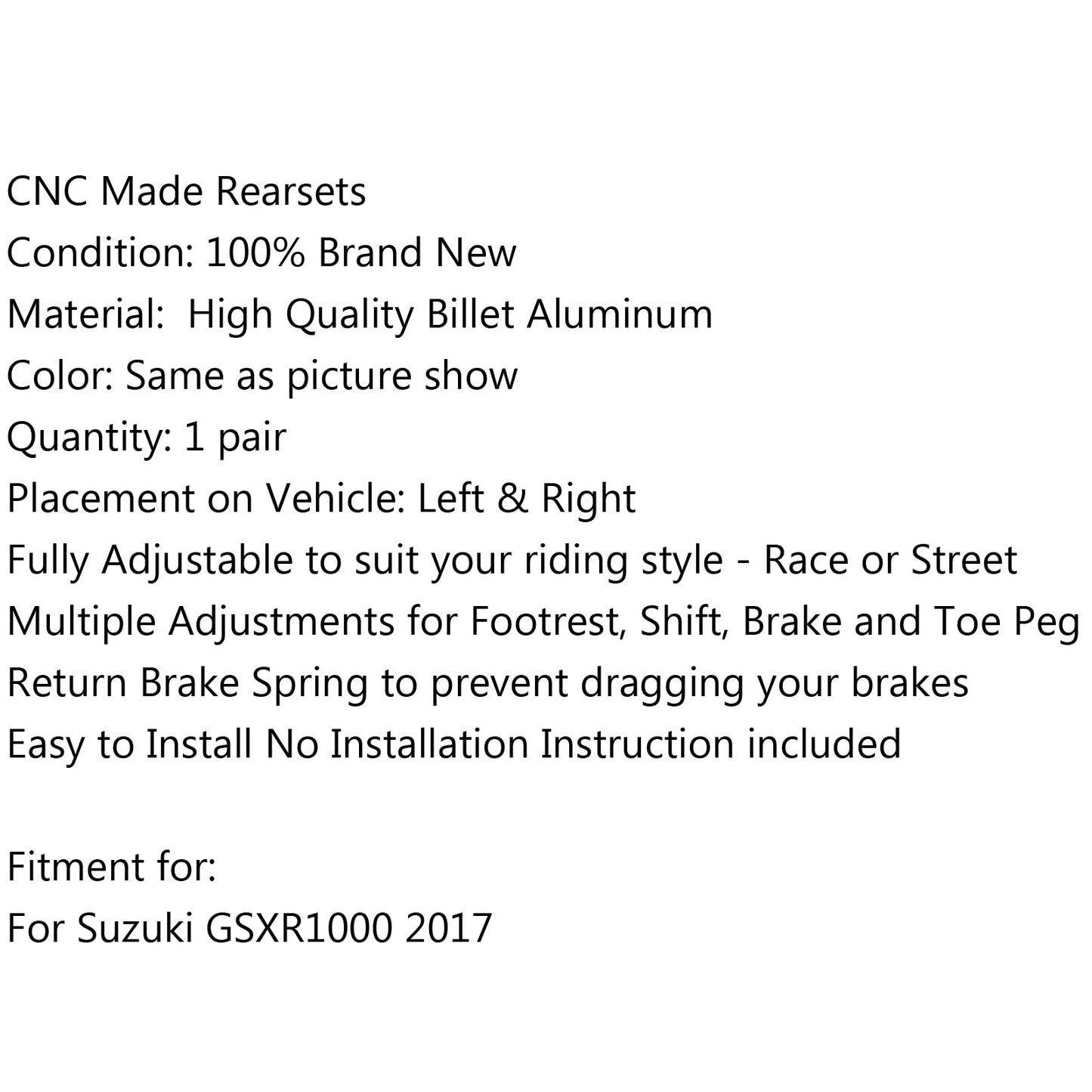 CNC Black Rearsets Footpegs Footrest For Suzuki GSXR1000 GSXR1000R 2017-2022