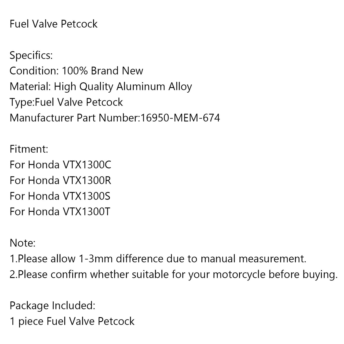 Fuel Vacuum Petcock for Honda VTX1300C VTX1300R VTX1300S VTX1300T 16950-MEM-674