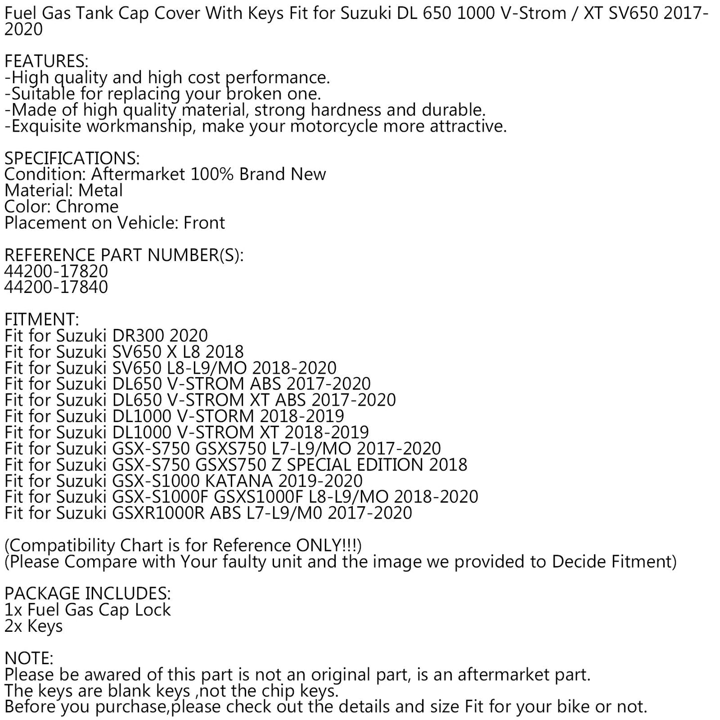 Fuel Gas Tank Cap Cover With Keys For Suzuki DR300 SV/DL650 DL1000 V-STORM GSX-S750 GSX-S1000 GSX-S1000F GSXR1000R