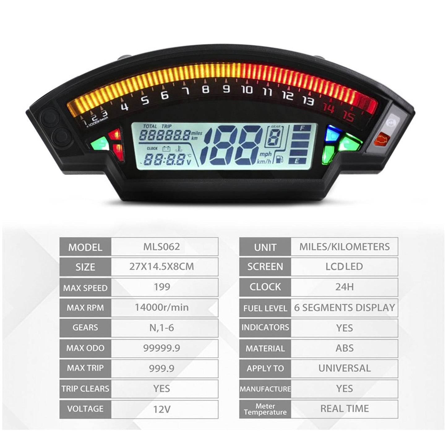 Universal Motorcycle Black Tft Digital Speedometer 14000Rpm Backlight Odometer