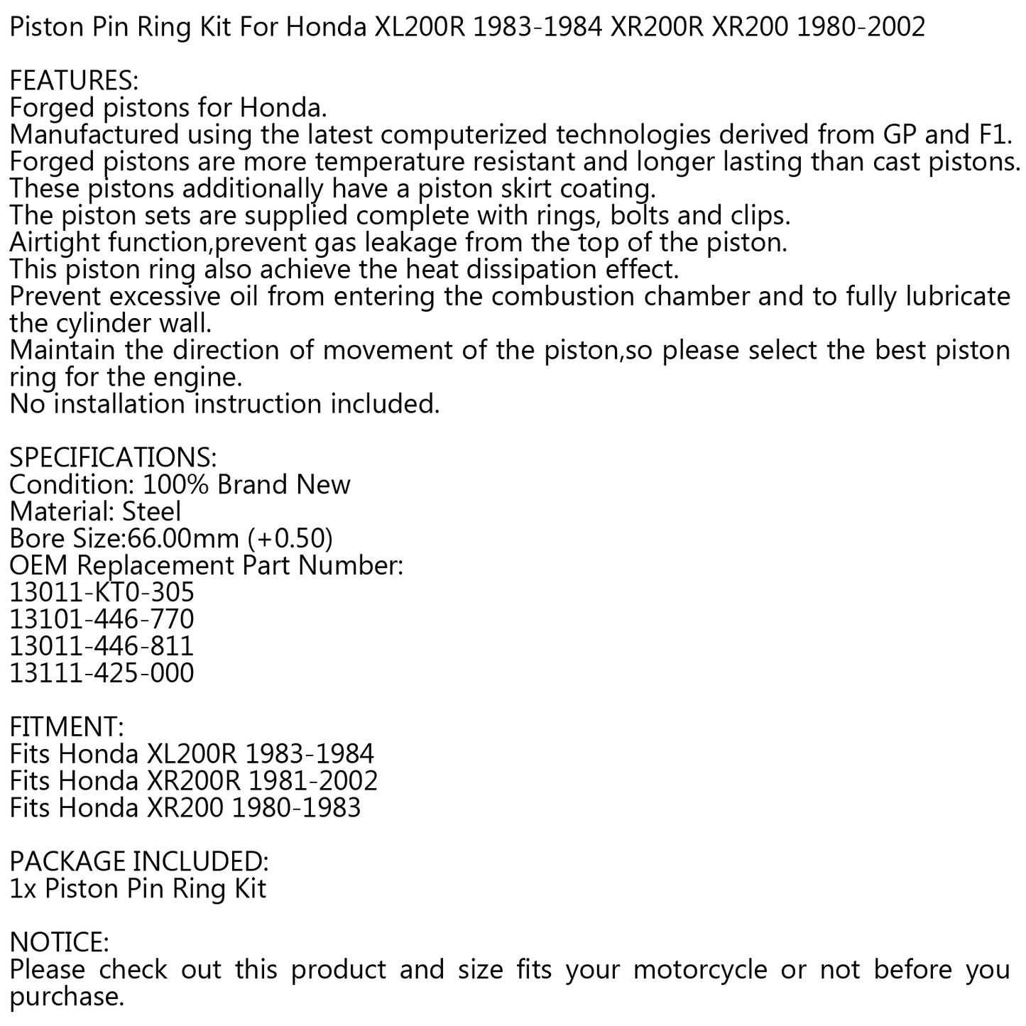 +0.50MM Piston Sit - Bore Size ?66.00mm Fits Honda XL200 XR200R XR200 1980-2002