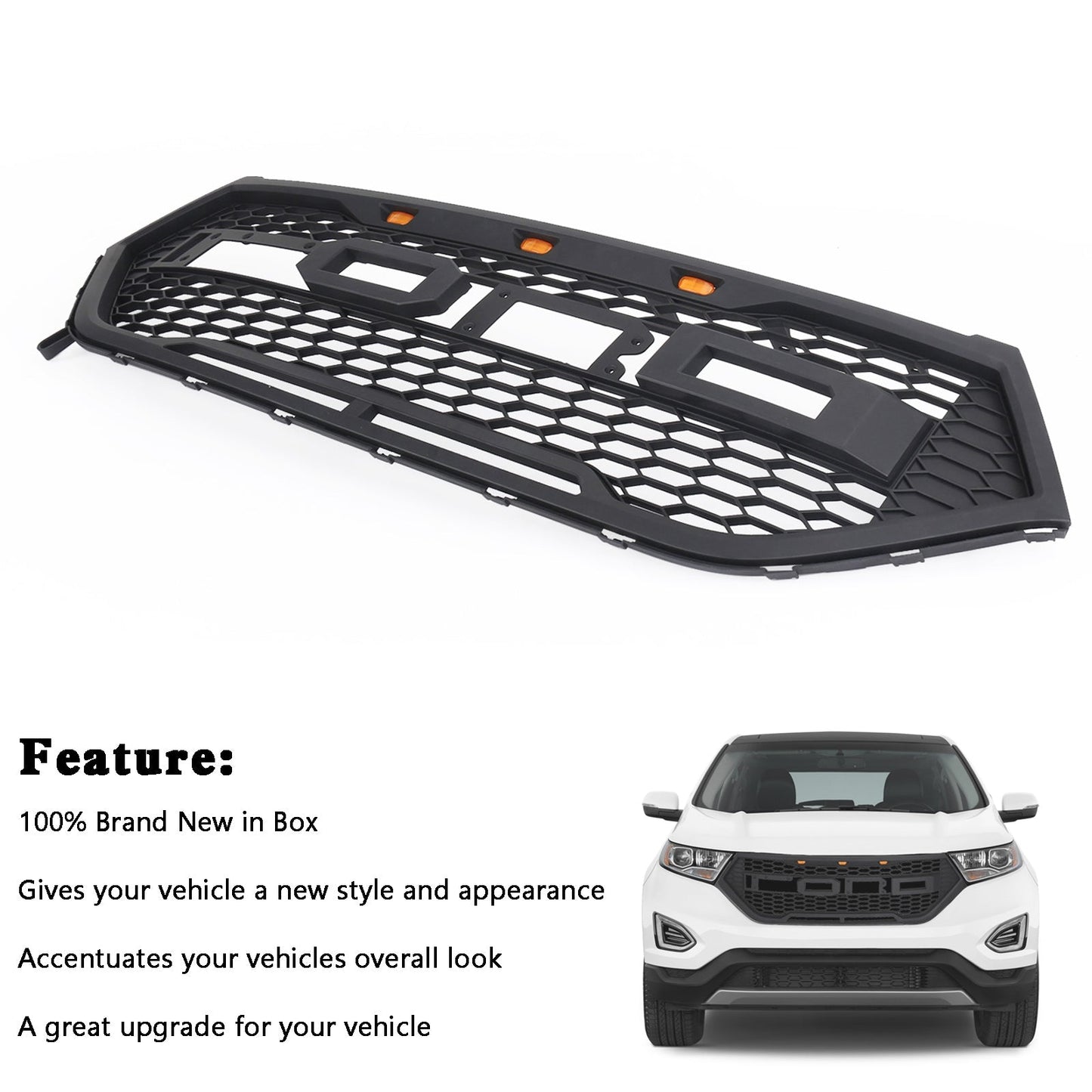 2015-2018 Ford Edge Raptor Style Front Bumper Grill Upper Grille Black