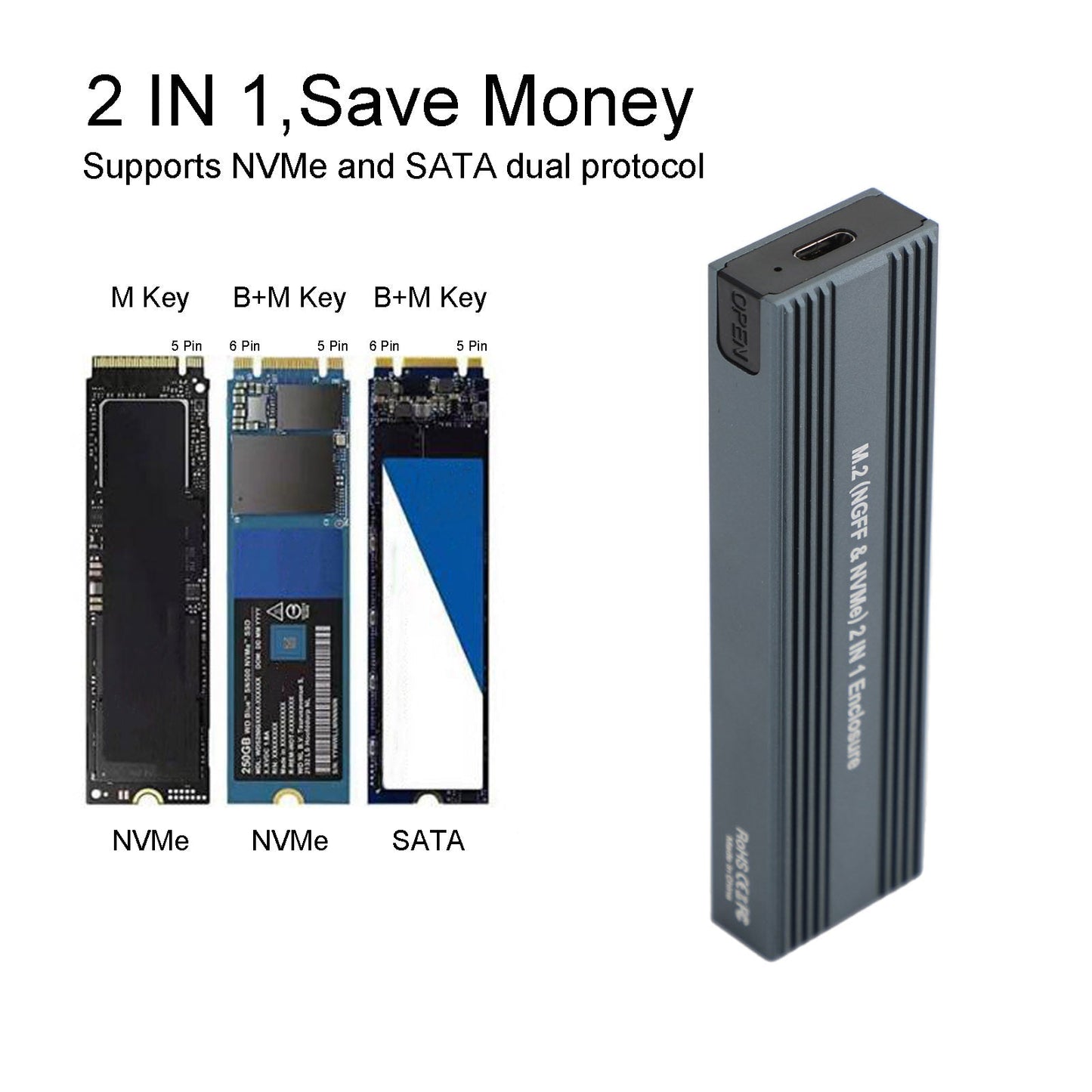 M.2 NVME SSD Adapter USB 3.1 Dual Protocol Hard Drive Enclosure 10Gbps