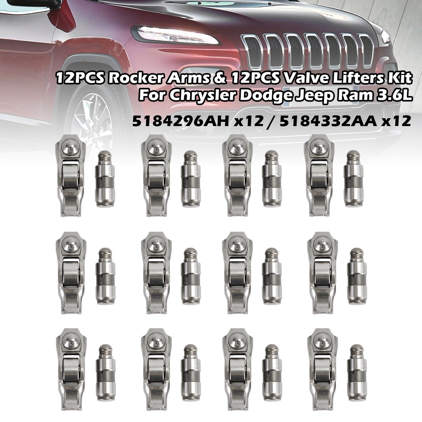 12PCS Rocker Arms & 12PCS Valve Lifters Kit For Chrysler Dodge Jeep Ram 3.6L