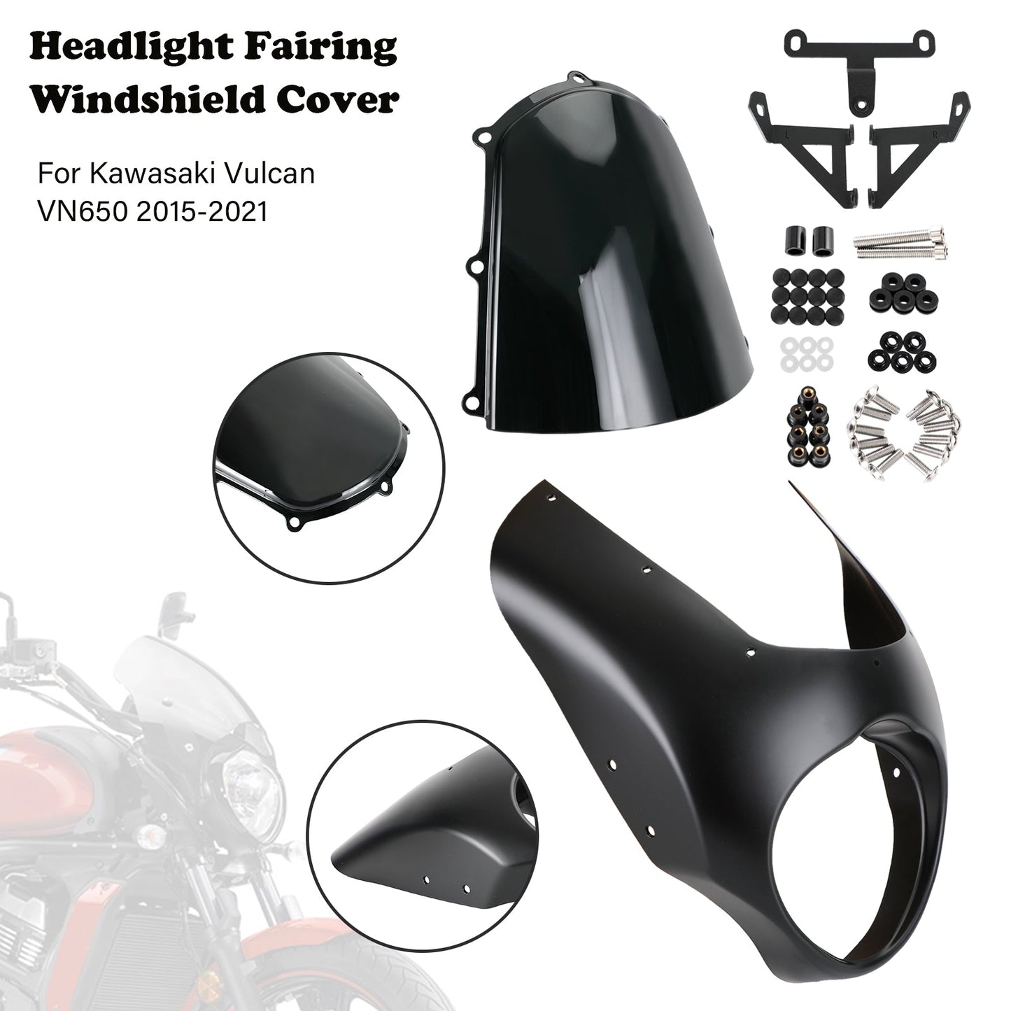 Headlight Fairing Windshield Cover For Kawasaki Vulcan VN650 2015-2021 Black