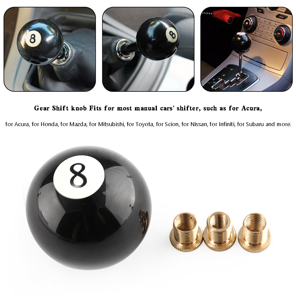 Universal No.8 Billiard Ball Gear Shifter Black Round Shift Knob w/ 3 Adapters