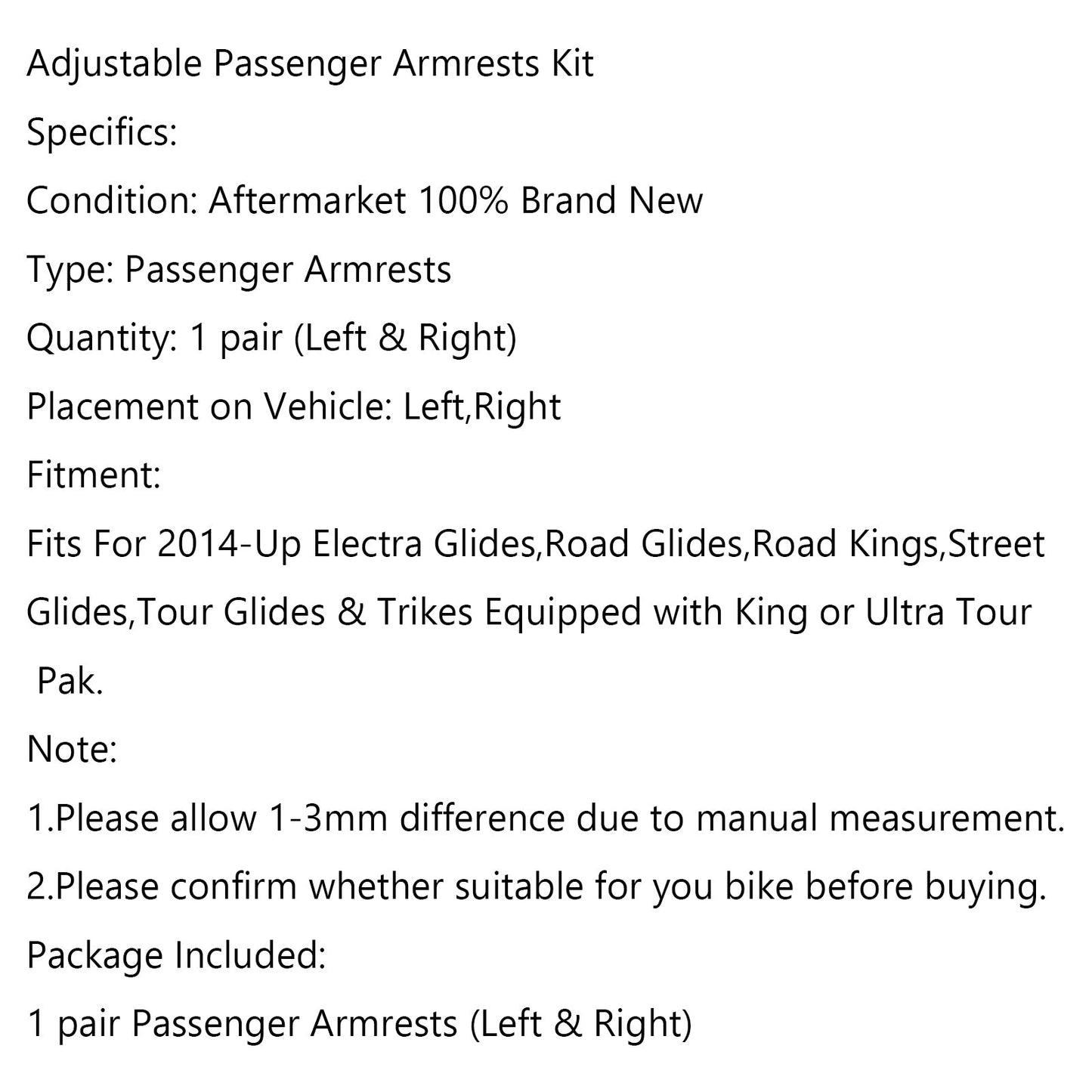 Stealth Passenger Armrests For Touring Electra Street Glide Road King 2014-2018