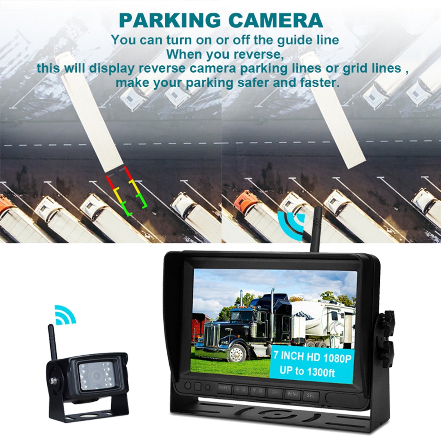 7" Wireless AHD 1080P Display 1CH Rear View Backup Camera Kit for Truck Trailer