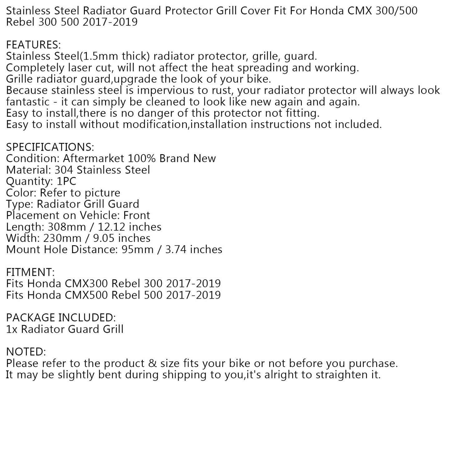Black Radiator Guard Cover Protector for Honda Rebel CMX 300 500 2017-2020
