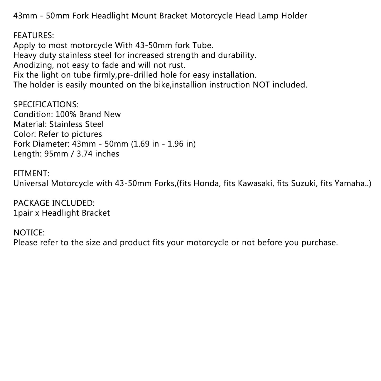 43mm-50mm Fork Black Headlight Mount Bracket Motorcycle Head Lamp Holder Adapter