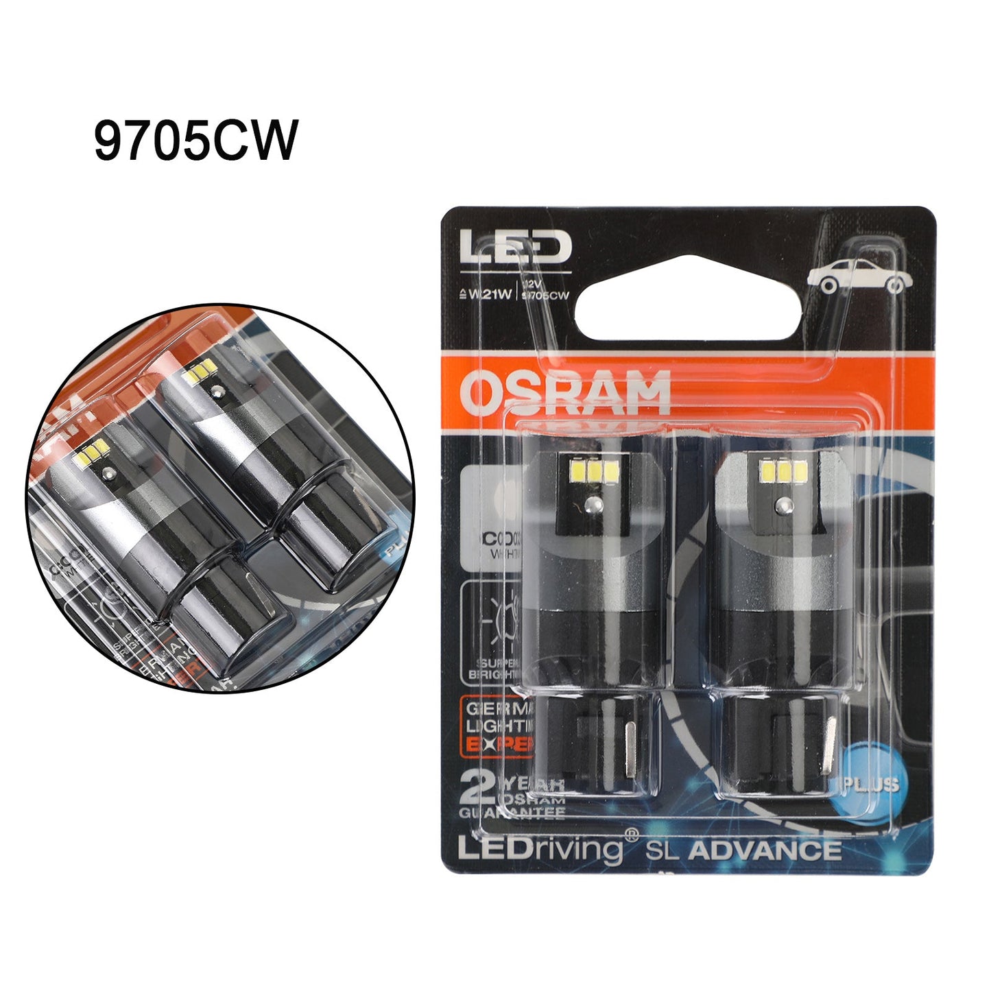 2x For OSRAM 9705CW Car Auxiliary Bulbs LED W21W 12V2.5W W3x16d