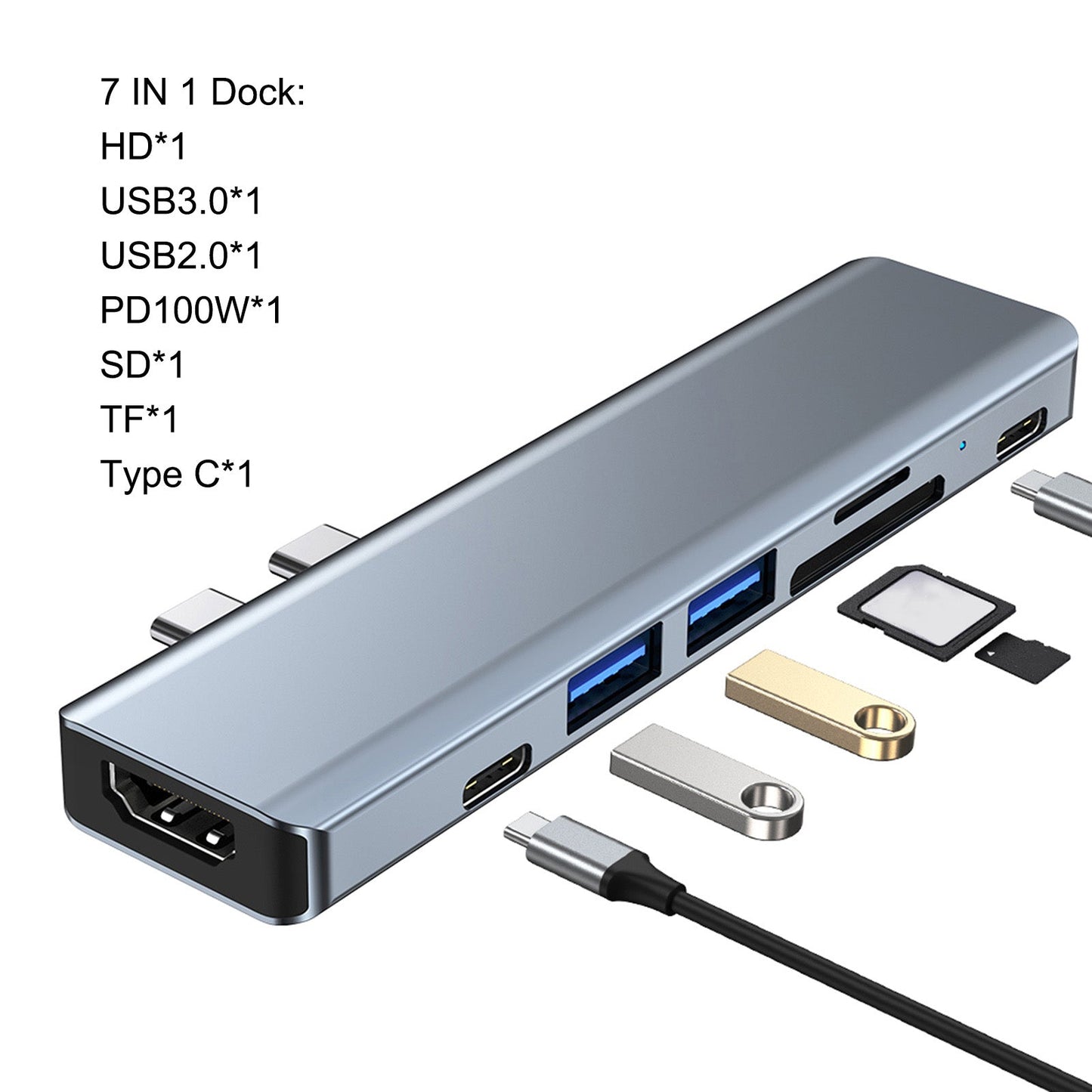 7 in 1 USB-C Type C HD Output 4K USB 3.0 PD 100W Adapter HUB Multi-function Dock