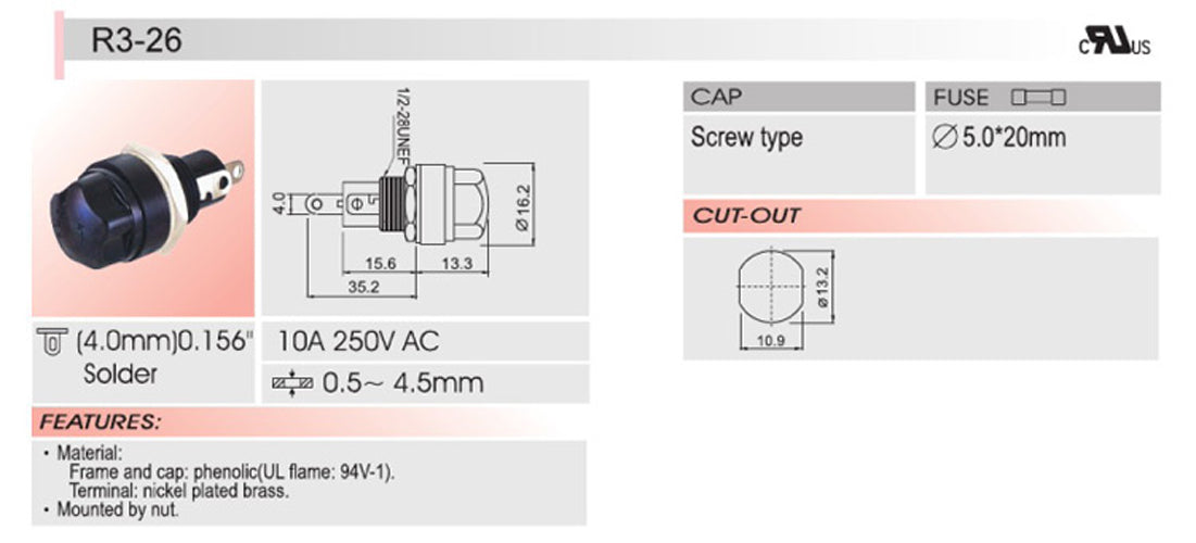 1PCS SCI R3-26 Panel Mount Chassis Fuse Holder For 5x20mm Glass Fuses 10A 250V