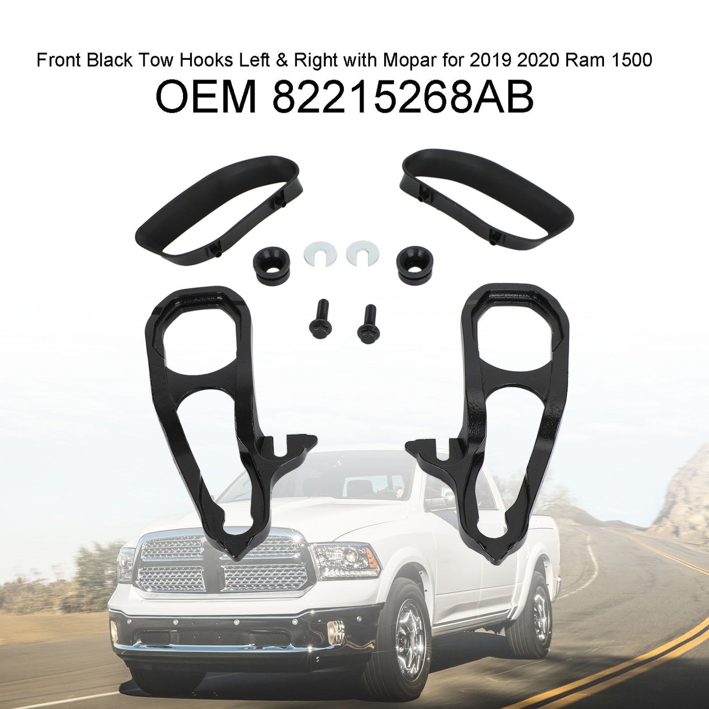 Front Black Tow Hooks Left & Right with Mopar 82215268AB for 2019 2020 Ram 1500