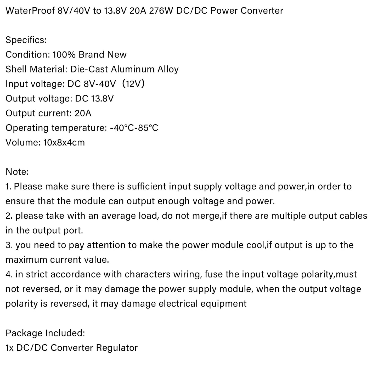 WaterProof 8V/40V to 13.8V 20A 276W Step Up DC/DC Power Converter Regulator