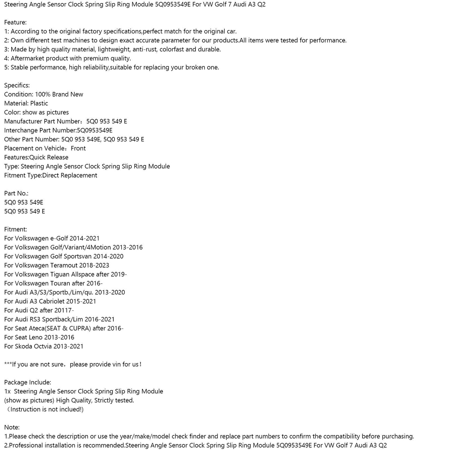 2013-2021 Skoda Octvia Steering Angle Sensor Clock Spring Module 5Q0953549E